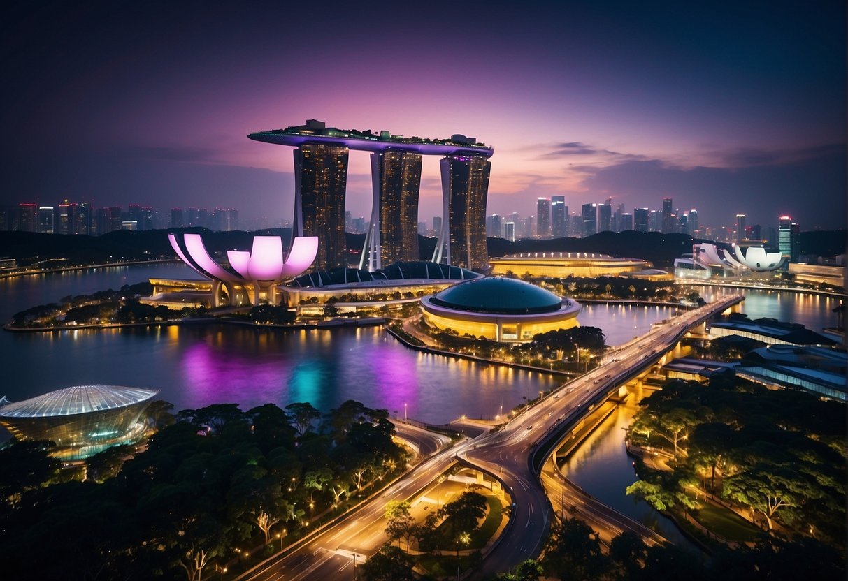 A vibrant cityscape with iconic Singapore landmarks, featuring a prominent display of Razer products and branding in the bustling city center