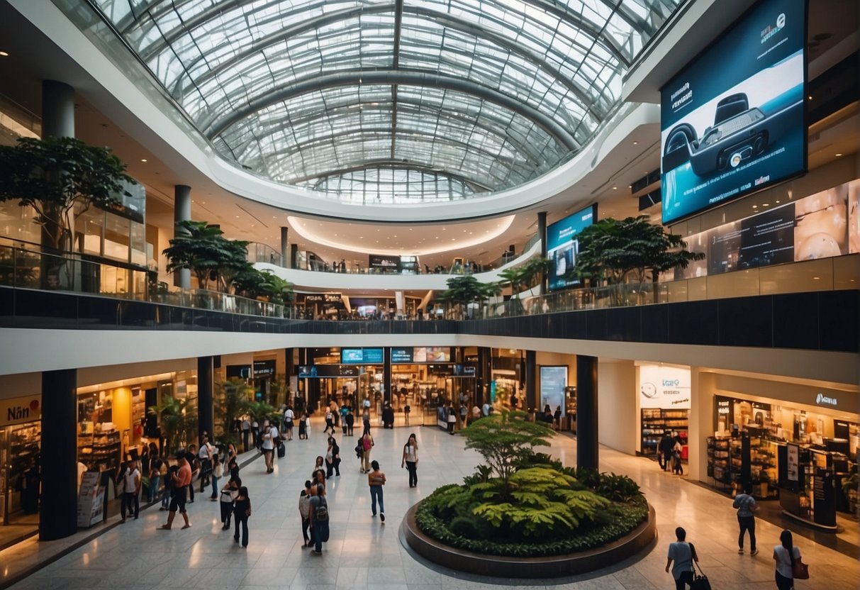A bustling shopping mall with Alienware banners and promotional displays, attracting excited customers with exclusive perks and support in Singapore