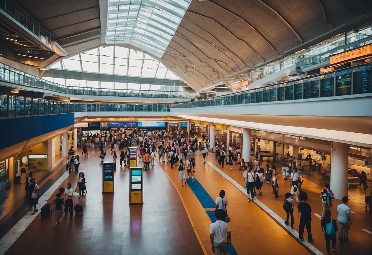 A bustling cruise terminal in Singapore, with colorful promotional banners and excited tourists queuing for information