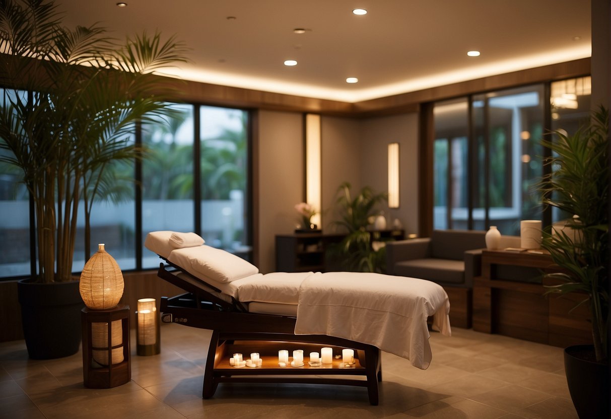 A serene spa setting with comfortable seating, soft lighting, and soothing music. A sign displaying "Foot Reflexology Promotions Singapore" is prominently featured