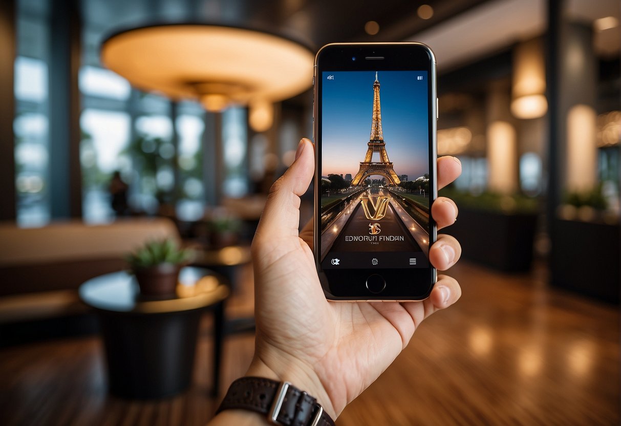A person holding a Louis Vuitton promotional flyer while using a smartphone to book an appointment at a luxurious Singapore location