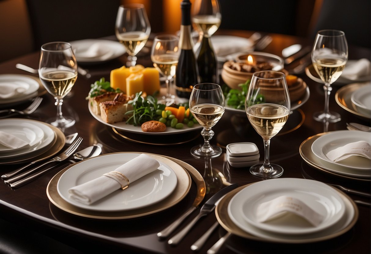 A table set with gourmet dishes and elegant cutlery, surrounded by a warm and inviting ambiance, with the Marriott Bonvoy logo displayed prominently