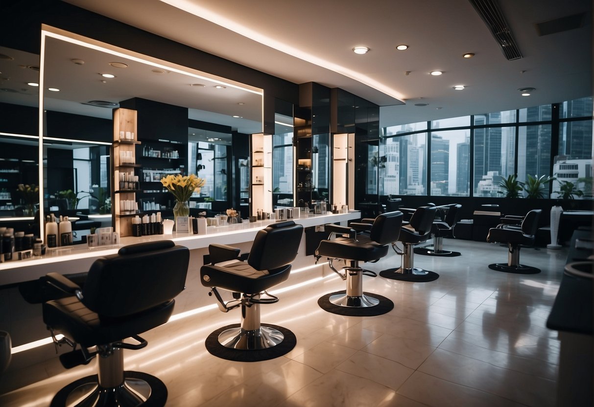 A vibrant salon setting with a promotional display showcasing Toni and Guy's services in Singapore. Bright lights, modern decor, and a welcoming atmosphere