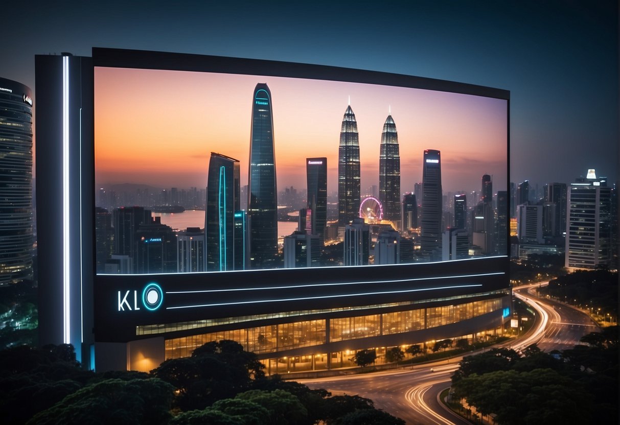 Alienware promotions Singapore: Bright city skyline, Alienware logo on a large billboard, bustling crowd below
