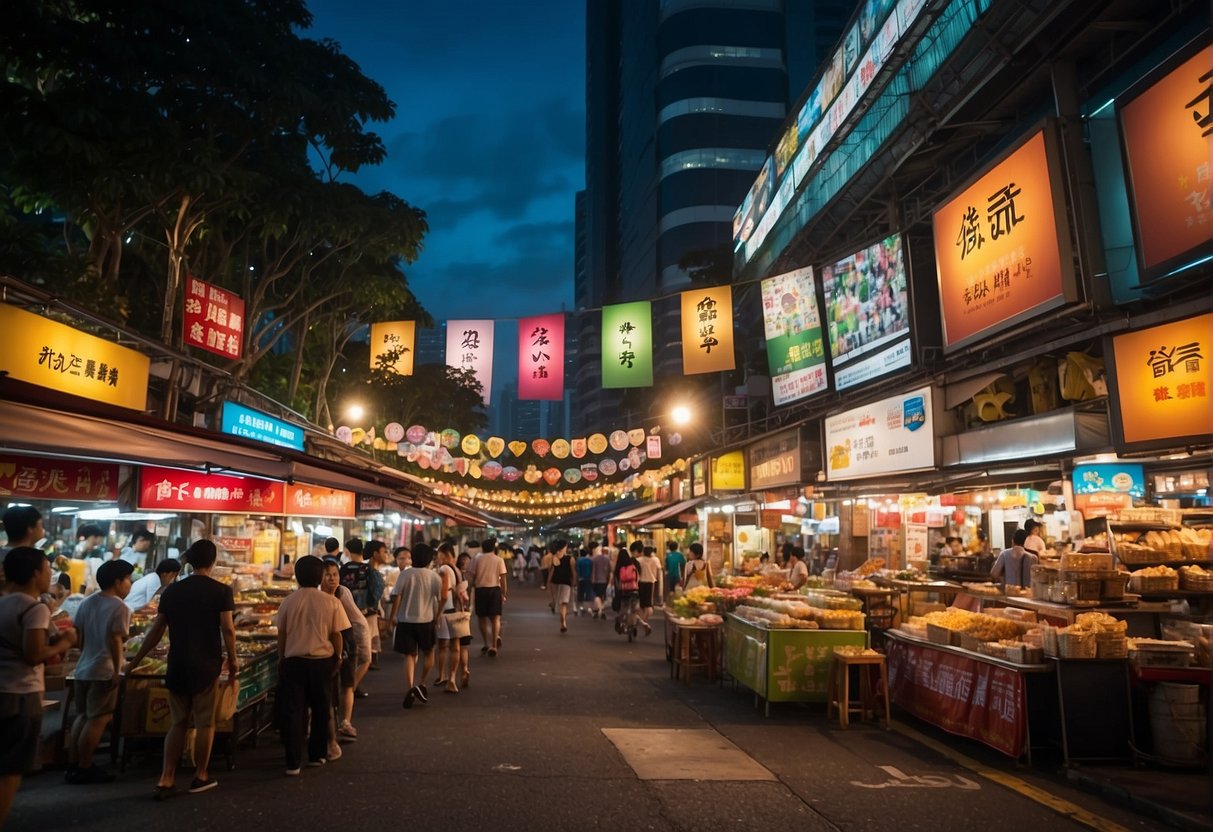 A bustling street in Singapore, adorned with colorful banners and promotional signs for Dahon products. Bright lights and vibrant energy fill the air