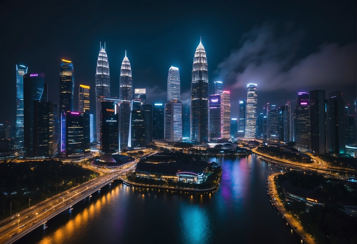A futuristic cityscape with neon lights and towering skyscrapers, showcasing the latest Razer gear promotions in Singapore