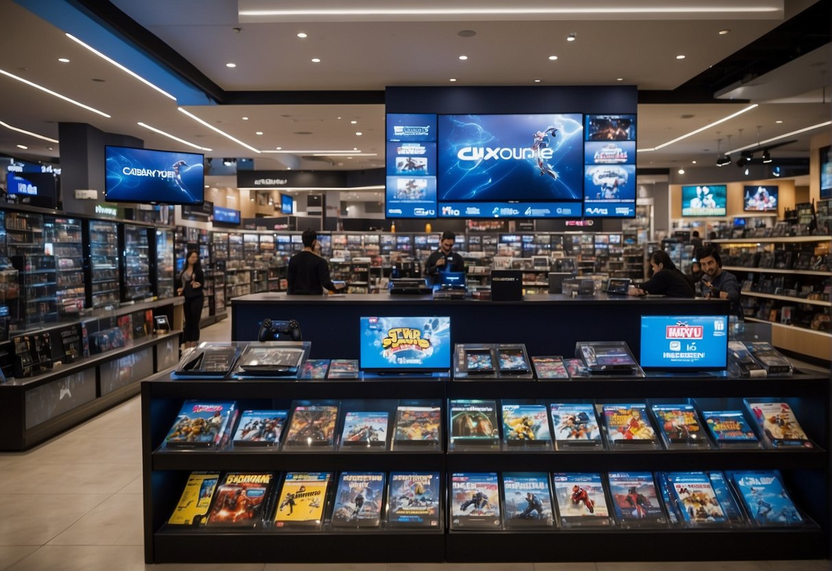 A crowded electronic store with shelves of PS4 games and consoles, a prominent display of promotional signs and banners, and customers browsing and asking questions to staff
