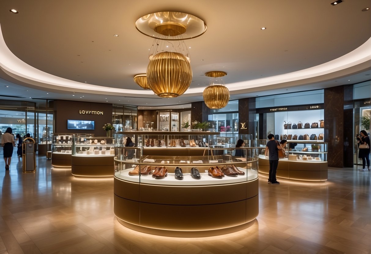 A bustling Louis Vuitton store in Singapore, with prominent promotional displays and a queue of customers seeking answers to frequently asked questions