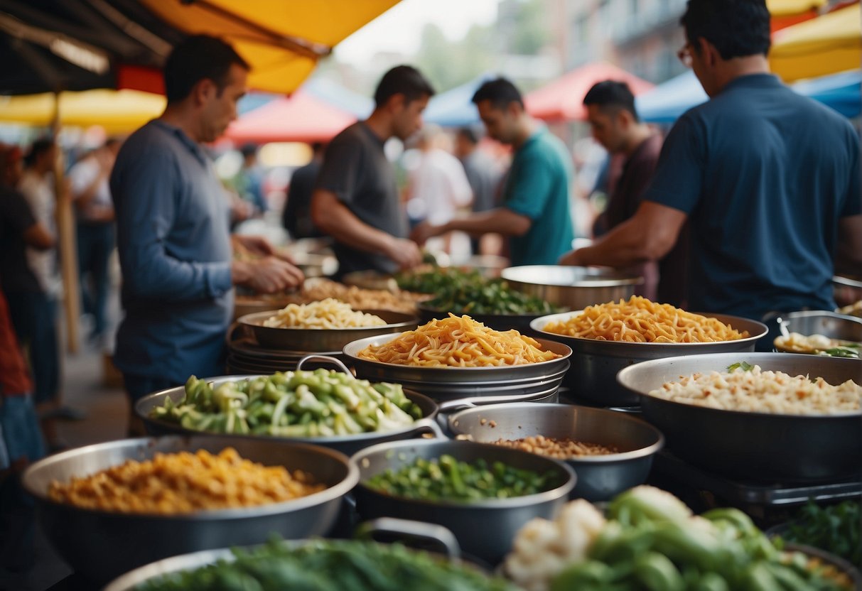 A bustling food market with colorful stalls and aromatic dishes, surrounded by eager diners sampling local cuisine