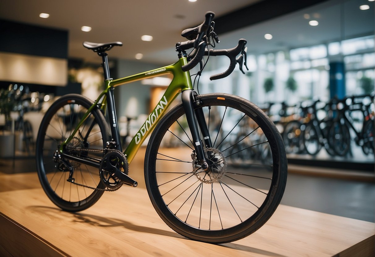 A sleek, modern bicycle is displayed in a well-lit showroom with prominent branding for "Exclusive Cycling Promotions 2024" and "Dahon Promotions Singapore."
