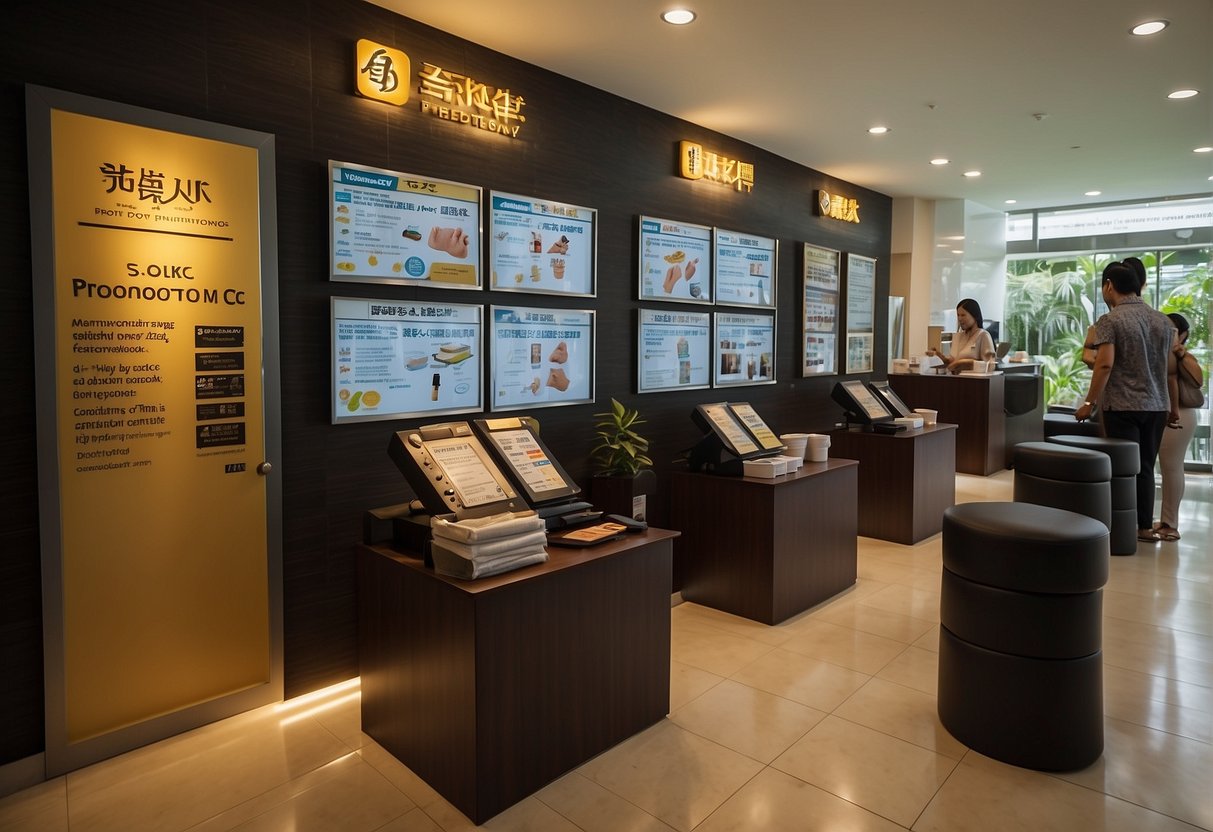 A busy foot reflexology center in Singapore with a sign advertising promotions. Customers waiting in line, staff assisting clients