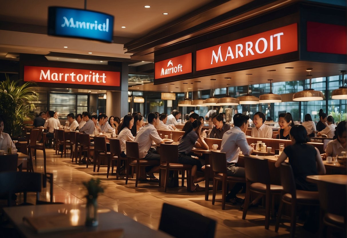 A bustling restaurant with a sign promoting Marriott dining deals in Singapore, with customers enjoying their meals and staff busy attending to their needs