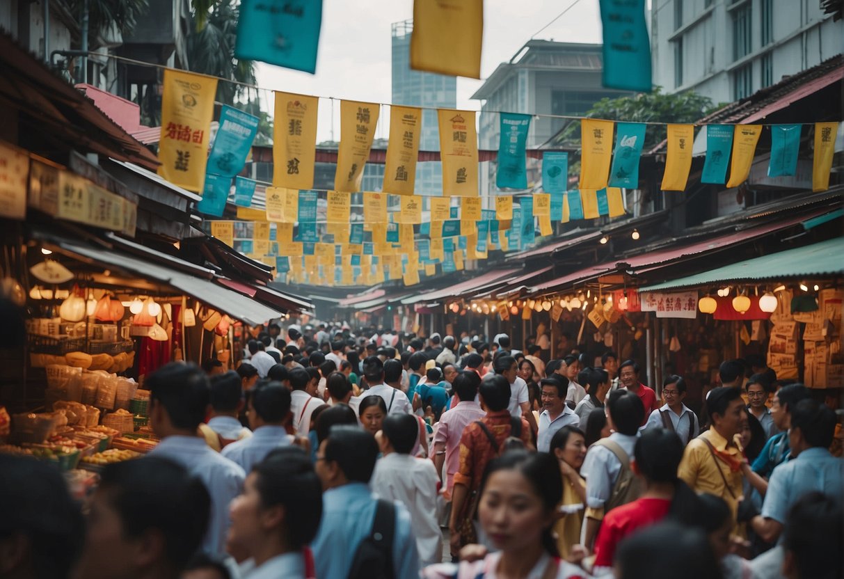 A bustling marketplace with colorful banners promoting Malaysia tourism, as people from different cultures collaborate on promotional activities in Singapore