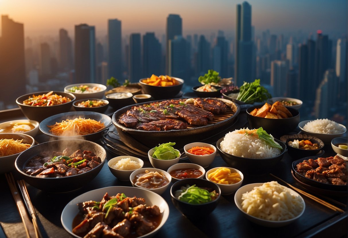A sizzling Korean BBQ spread with various meats and side dishes, set against a backdrop of vibrant and bustling Singaporean cityscape