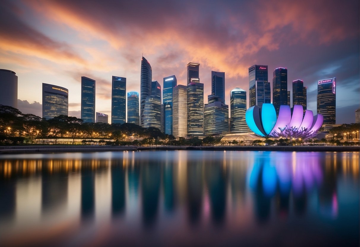 A colorful display of promotional materials with the "Frequently Asked Questions" logo, set against the backdrop of iconic Singapore landmarks