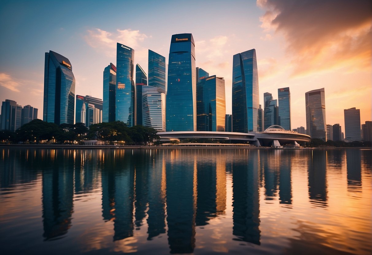 A vibrant cityscape with the iconic Singapore skyline in the background, featuring the UnionBank logo prominently displayed in the bustling financial district