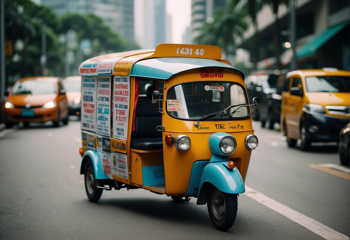 A colorful tuk tuk adorned with promotional banners navigates the bustling streets of Singapore