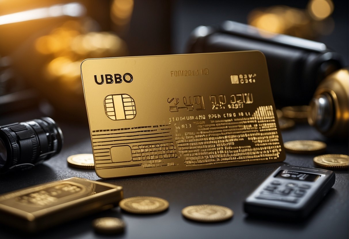 A golden UOB card surrounded by various promotional items and symbols, with the year 2024 displayed prominently