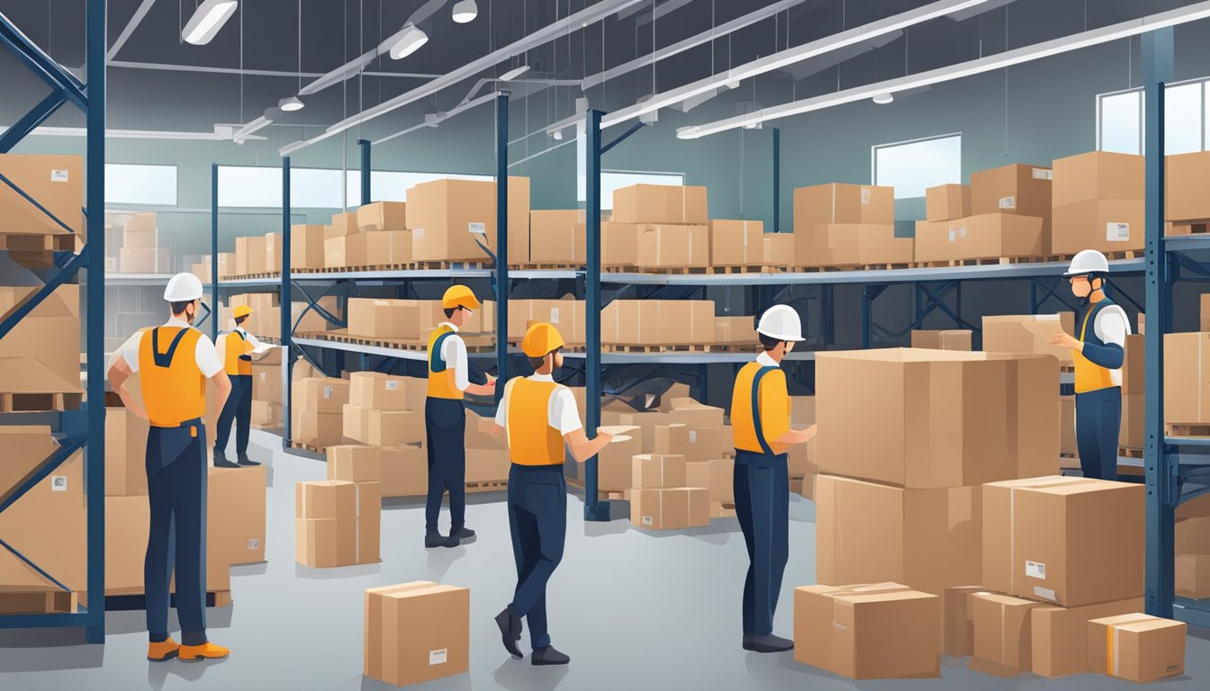 A busy warehouse with workers packing and shipping orders for online customers