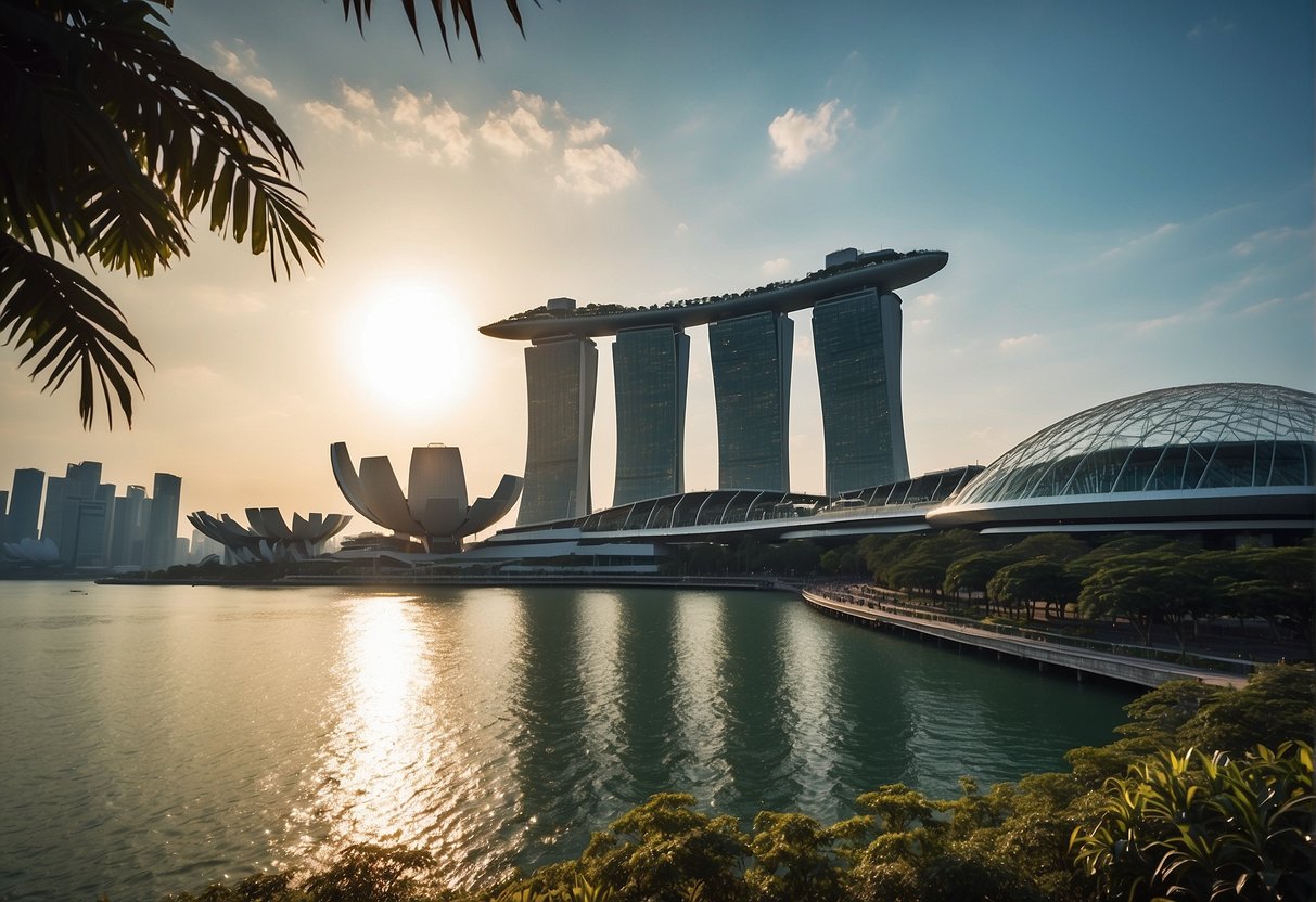 The sun and moon shining over iconic Singapore landmarks