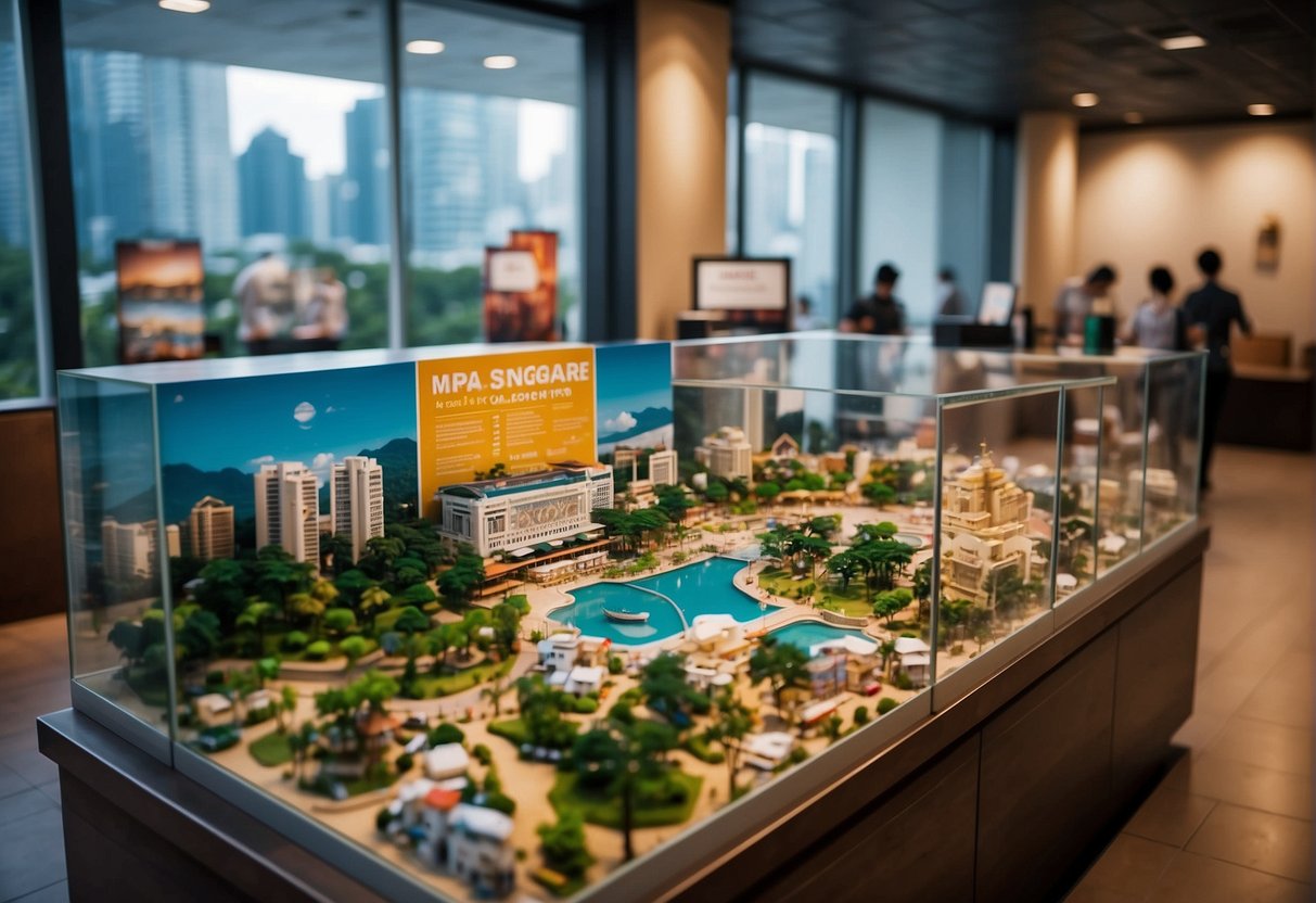 A bustling tourism office in Malaysia with colorful promotional materials and a map of Singapore on display