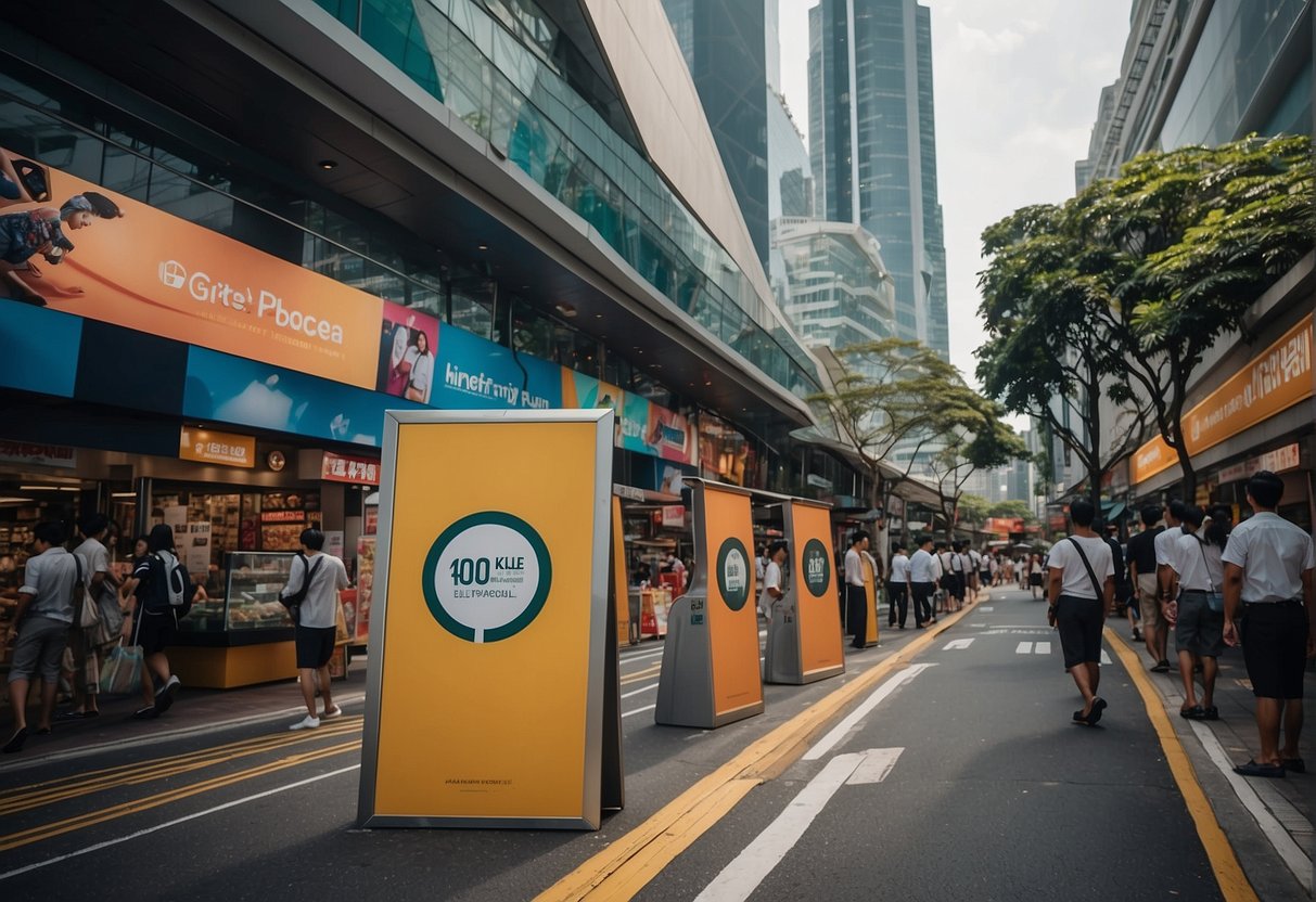 A bustling street in Singapore adorned with colorful promotional displays and banners, showcasing various products and services