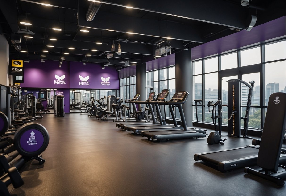 A vibrant gym interior with promotional banners, discounted membership signs, and people enjoying various workout equipment at Anytime Fitness in Singapore