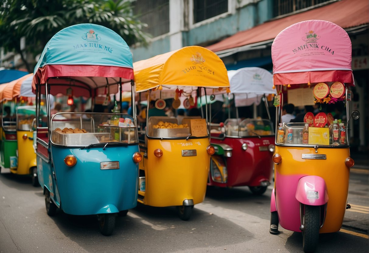 Colorful banners adorn Tuk Tuk Cha, showcasing May 2024 promotions in Singapore. Tables are filled with vibrant drinks and delectable snacks