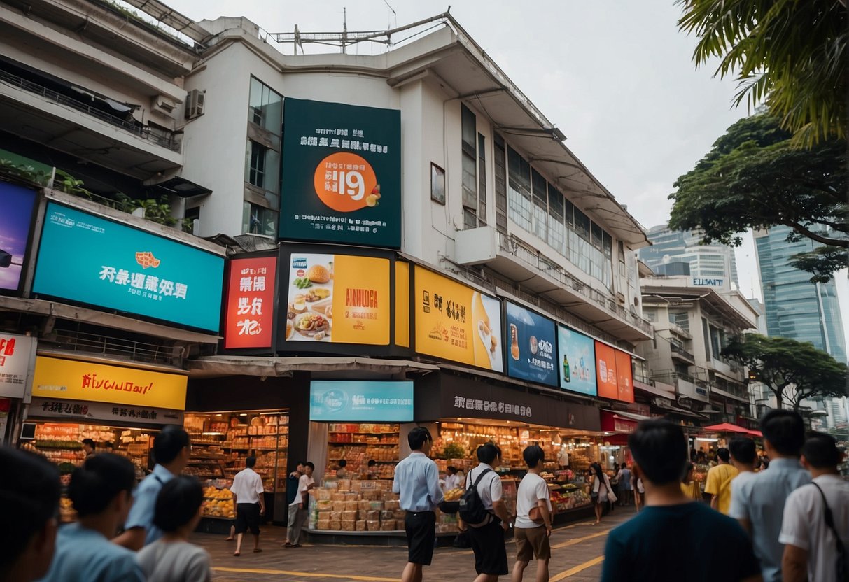 A vibrant display of promotional signs and banners in a bustling Singapore street. Bright colors and bold text catch the eye of passersby