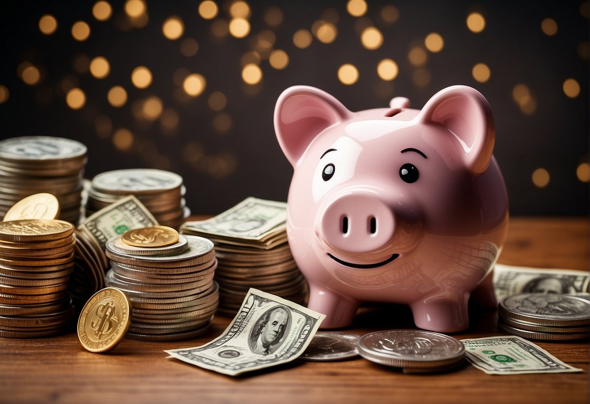 A piggy bank overflowing with coins and dollar bills, surrounded by a stack of UOB Savings Account brochures and promotional materials