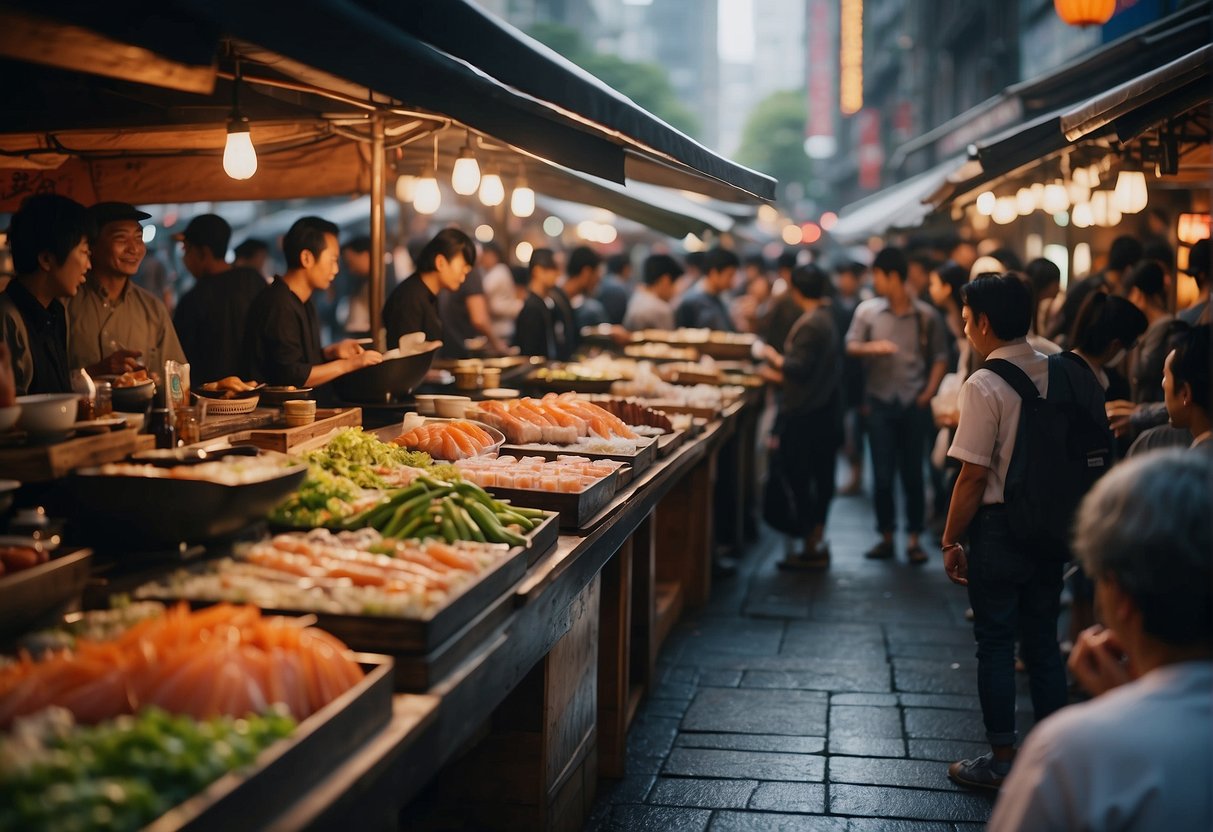 A bustling outdoor market with colorful Japanese food stalls and lively music, surrounded by eager customers sampling sushi and sashimi