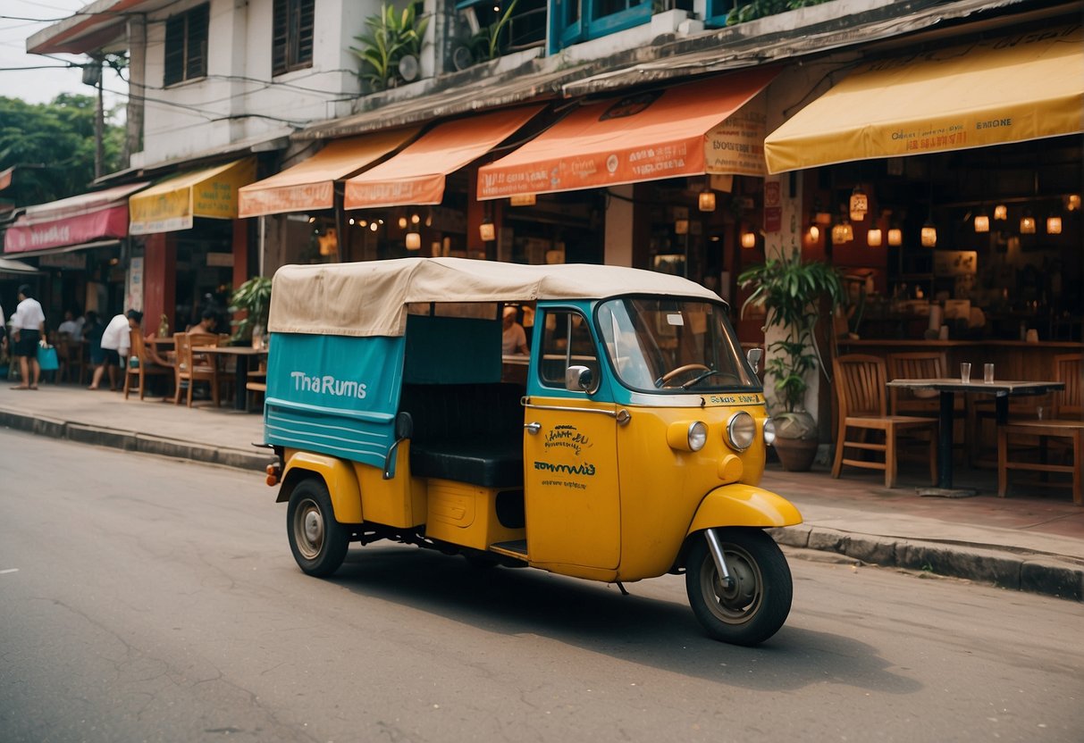 A colorful tuk tuk parked outside a bustling Thai restaurant, with a sign displaying ongoing promotions for Thai cuisine enthusiasts