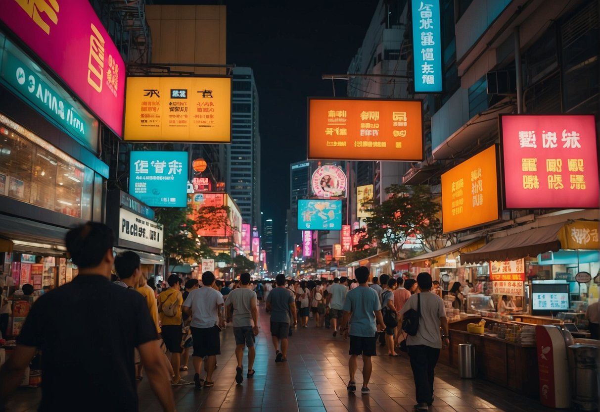 A colorful display of FAQ signs and banners in a bustling Singapore setting