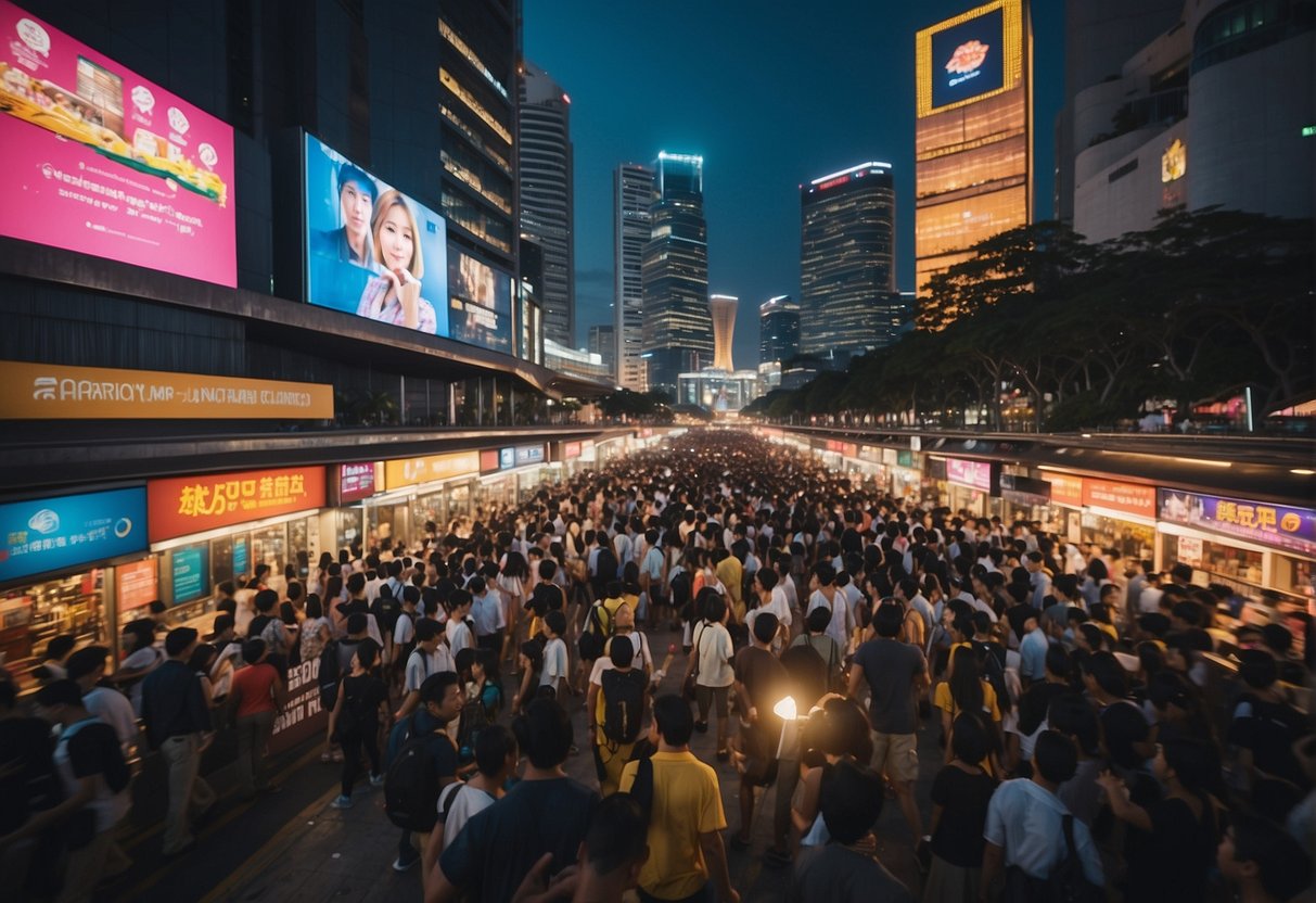 A bustling city street in Singapore, with bright lights, colorful billboards, and a crowd of people moving in different directions