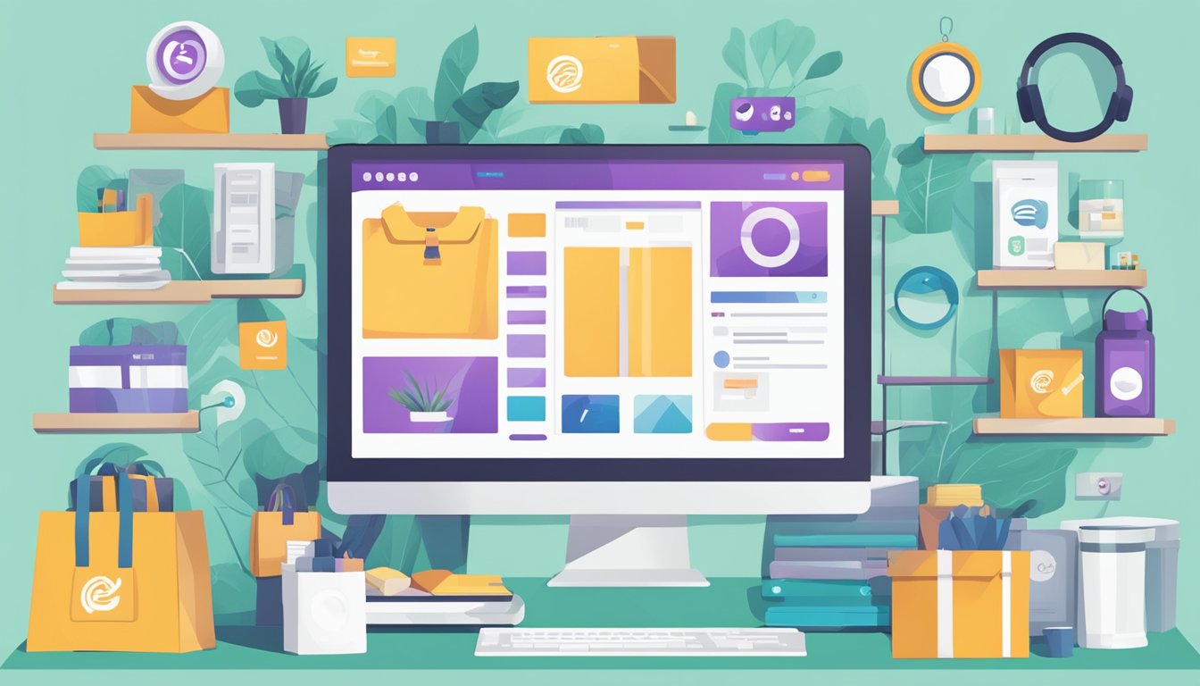 A computer screen with the WooCommerce logo displayed, surrounded by various product images and a checkout button