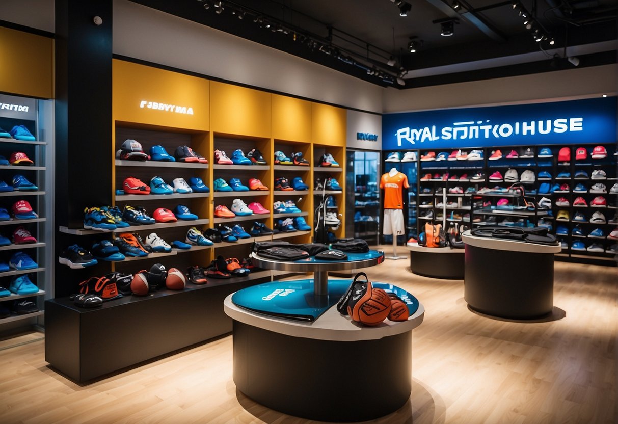 A vibrant display of sports equipment and apparel at Royal Sporting House, with eye-catching promotions and signage in Singapore