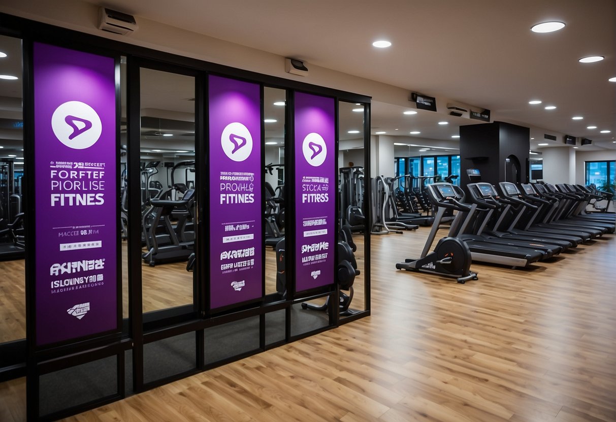 A bright, modern gym interior with promotional banners and signs displayed prominently, showcasing current promotions at Anytime Fitness Singapore