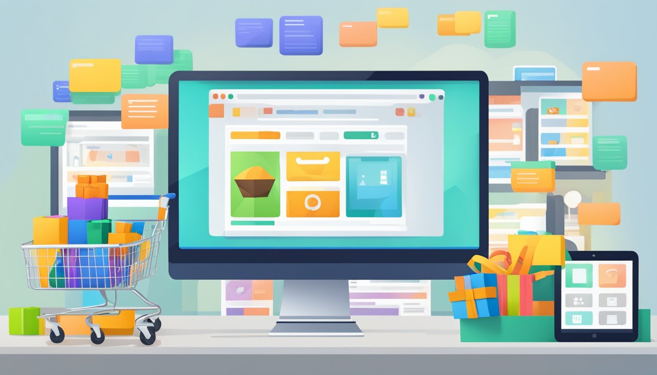 A computer screen with multiple open web browser tabs showing different online store pages. Boxes of products and a shopping cart icon are visible on the screen