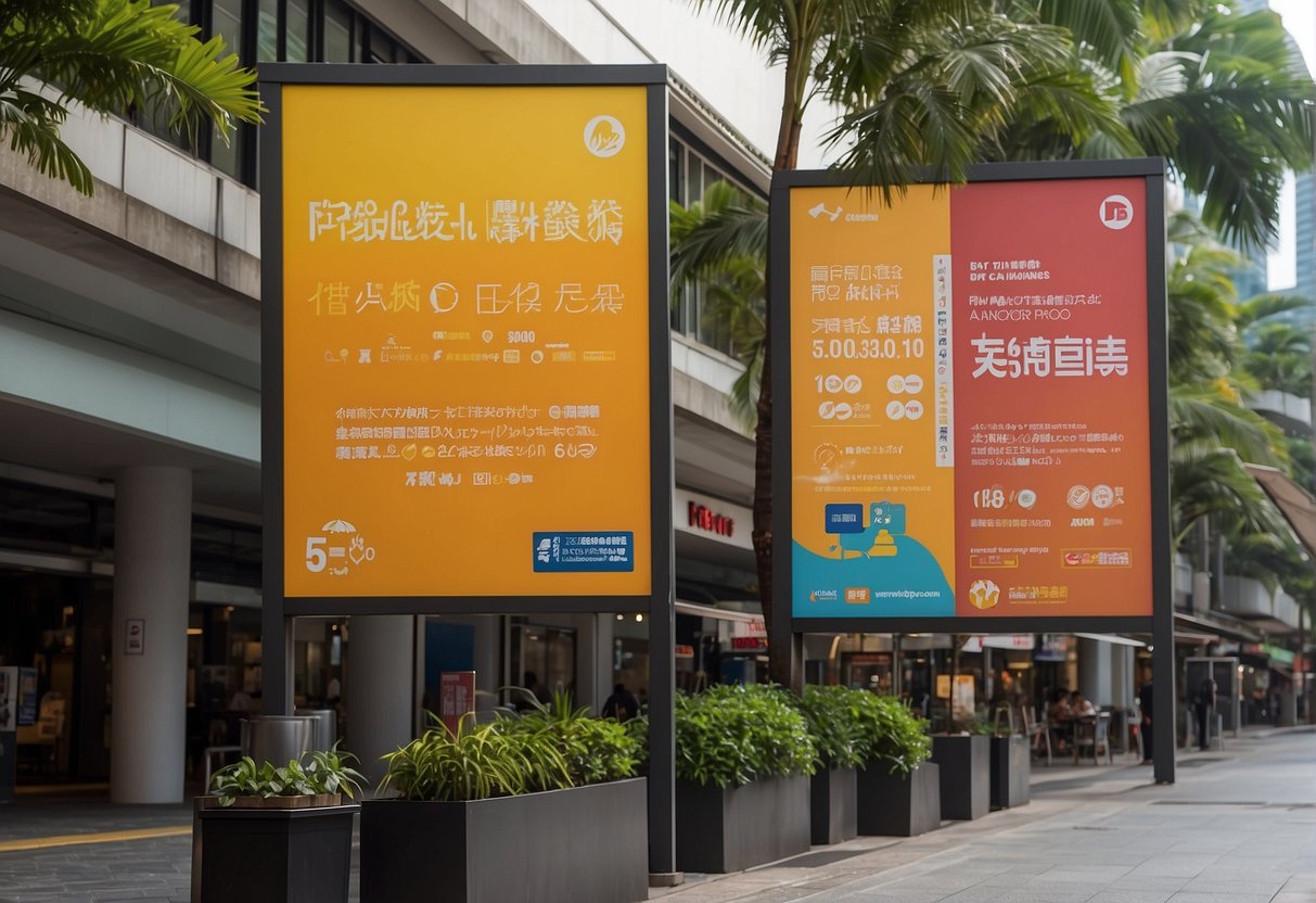 Brightly colored banners and signs promoting FWD Travel Insurance promotions in Singapore. Exciting offers and deals displayed prominently