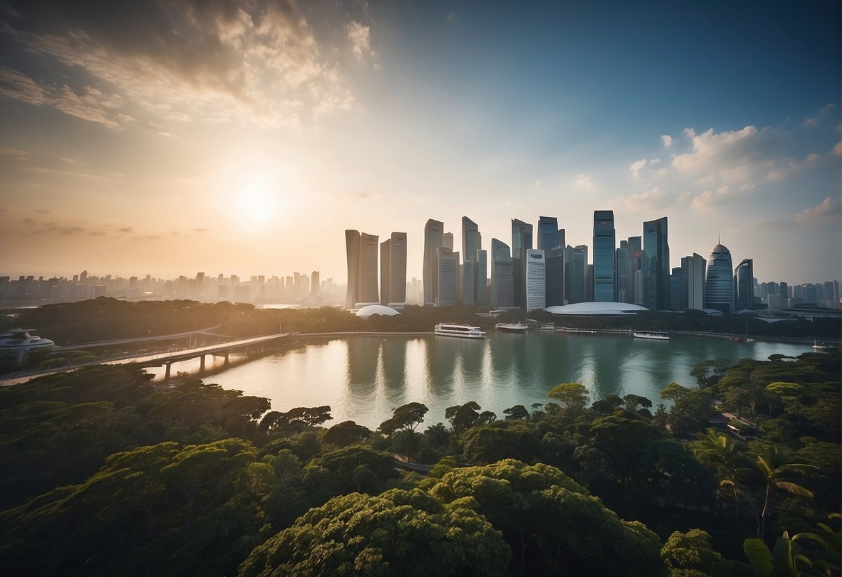 A bright sun and a crescent moon shining over iconic Singapore landmarks
