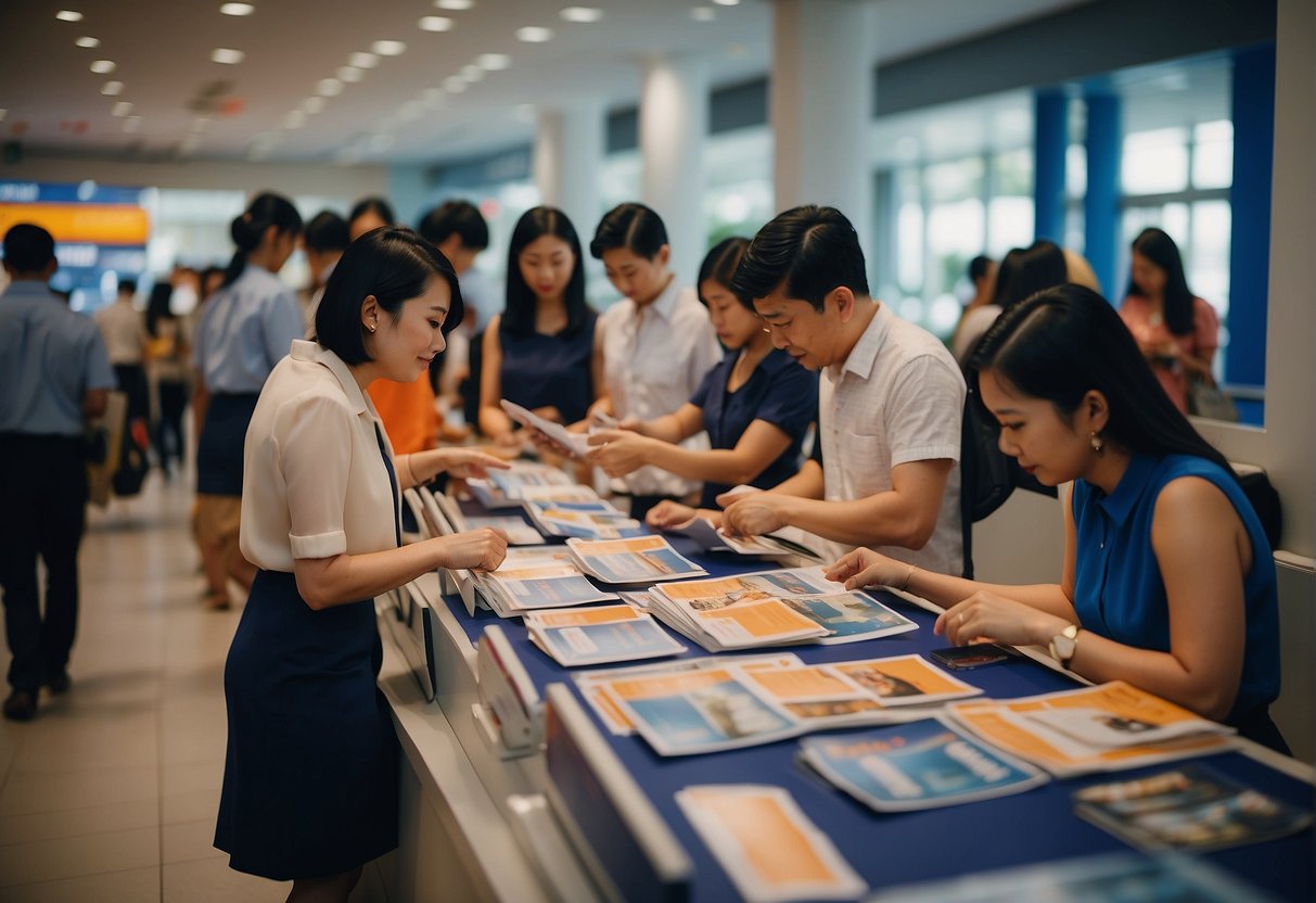 A group of people browsing through promotional materials at a UnionBank branch in Singapore