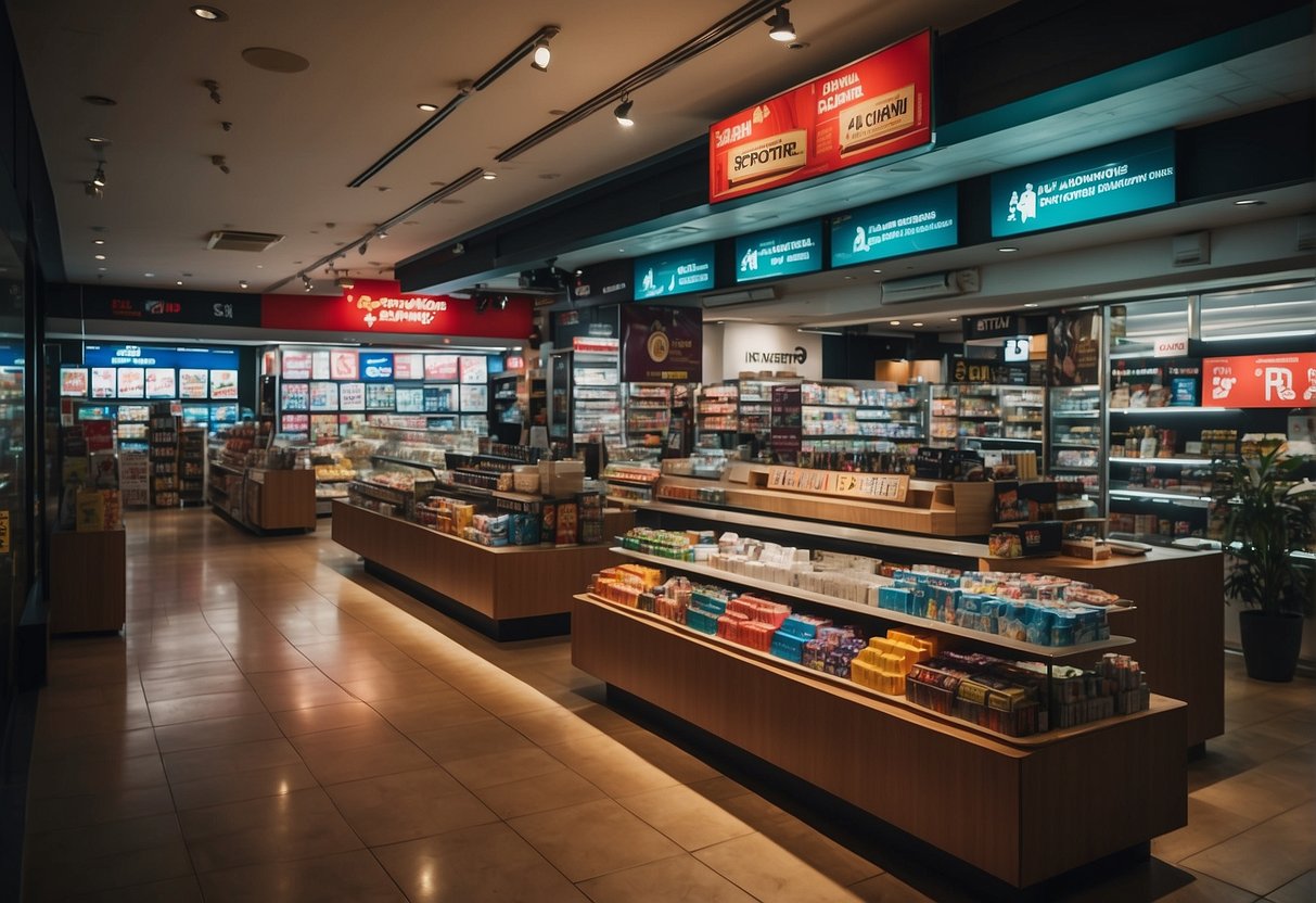 Brightly lit store with colorful banners and signs advertising "Current Promotions at RSH Royal Sporting House" in Singapore. Displayed products are marked with discounted prices