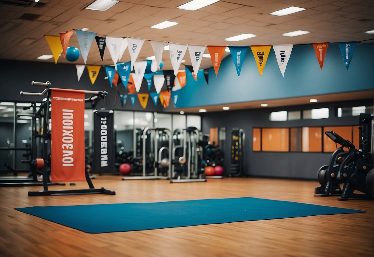 A vibrant gym with promotional banners, sleek equipment, and enthusiastic staff welcoming new members