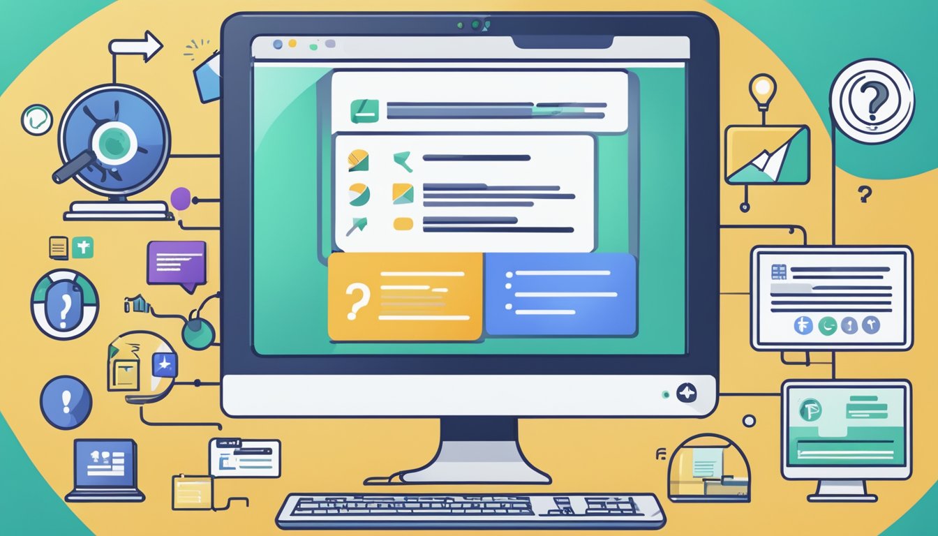 A computer screen displaying a webpage with the title "Frequently Asked Questions nettbutikker" surrounded by various icons and text boxes