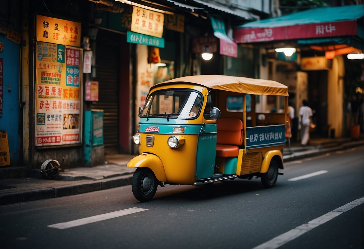 A colorful tuk tuk parked in front of a vibrant Singaporean street, with a promotional banner for tuk tuk cha displayed prominently