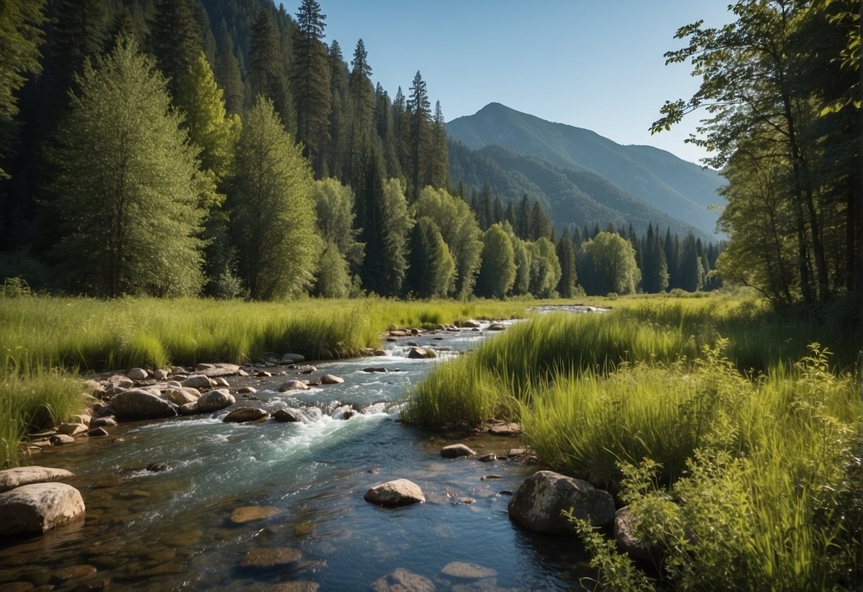 A serene landscape with a tranquil river flowing through lush greenery, surrounded by mountains and a clear blue sky