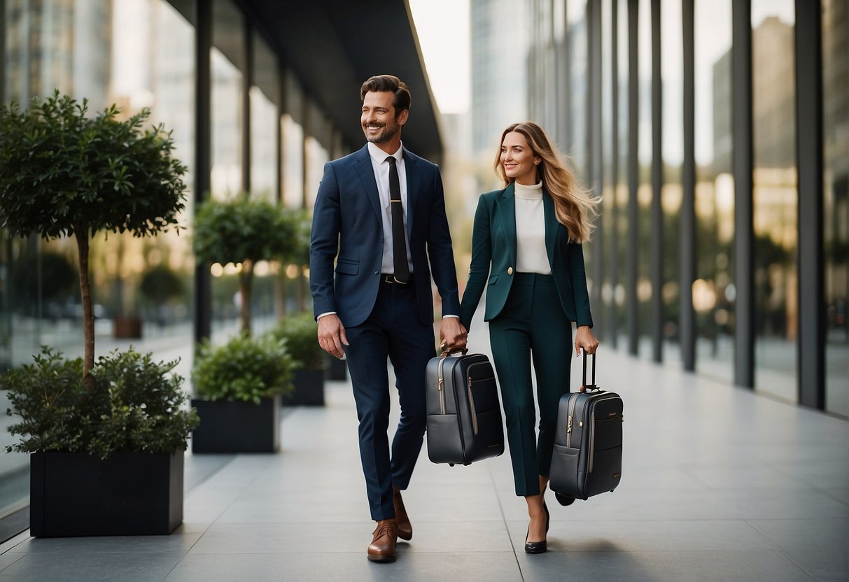 A stylish man and woman carry sleek Samsonite bags and backpacks, showcasing the perfect blend of fashion and function. The bags are displayed against a modern backdrop, highlighting their versatility and style