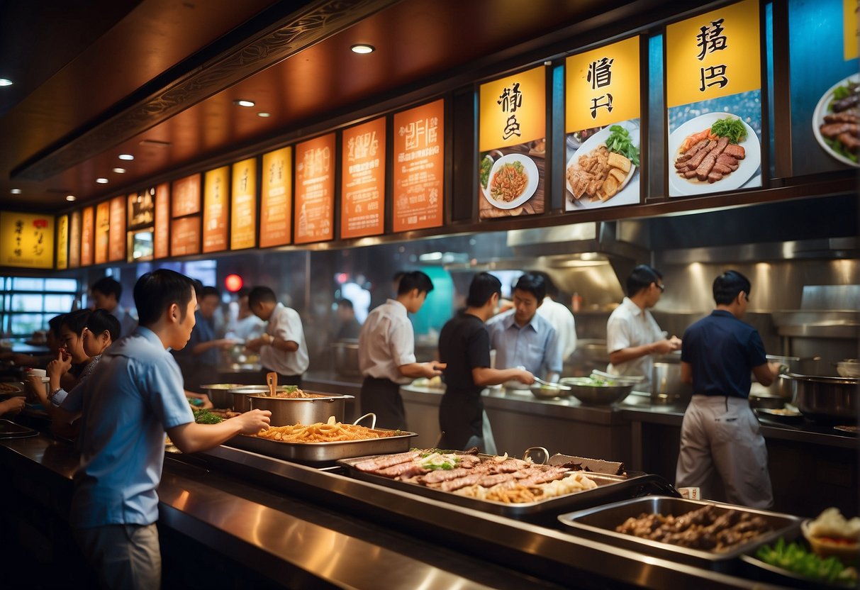 A bustling Korean BBQ buffet restaurant in Singapore with colorful promotional banners and a crowd of diners enjoying the unlimited offerings