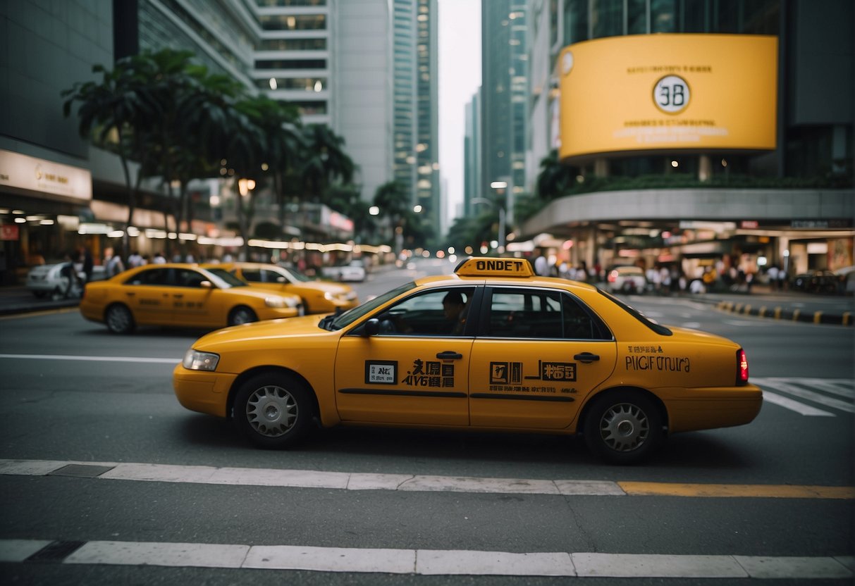 A taxi with promotional banners driving through Singapore's city streets
