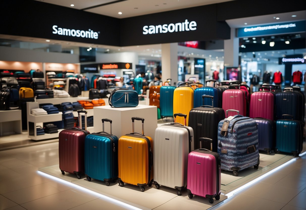 A vibrant display of Samsonite products with promotional signage in a bustling Singapore store